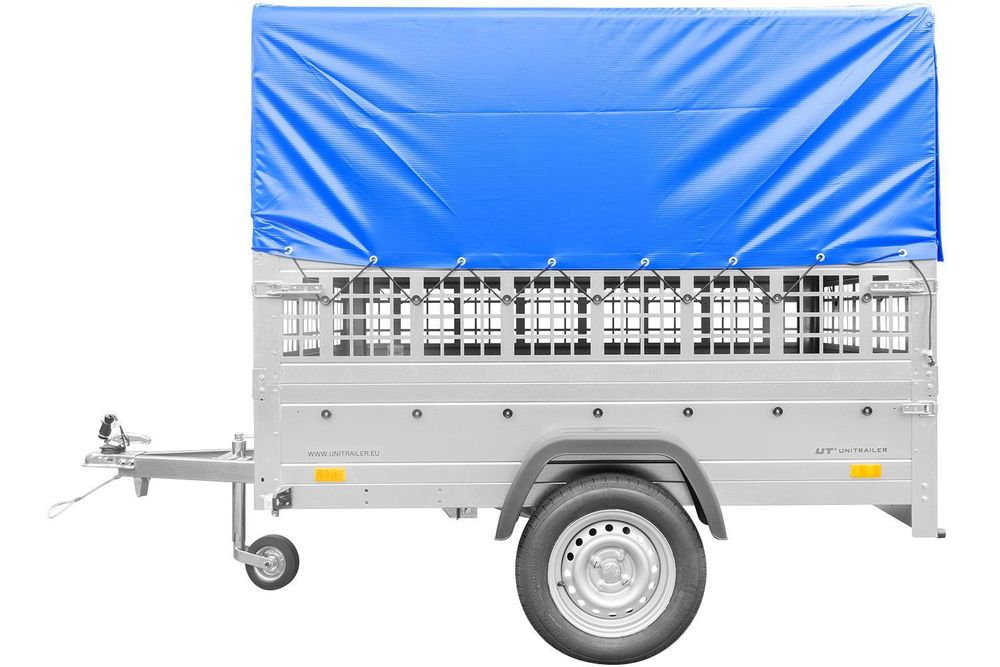 Garden Trailer 201 KIPP 200x125 tarpaulin trailer with mesh side extension, blue tarpaulin, high frame and jockey wheel