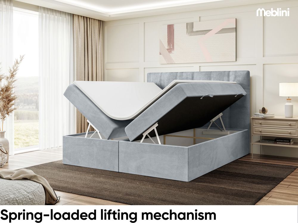 MEBLINI Boxspringbett mit Bettkasten - 200x220 - H3/Hellgrau Samt - KAI - Gepolstert Doppelbett mit Matratze und Topper - Polsterbett mit Stauraum - Bett mit Kopfteil - Stauraumbett
