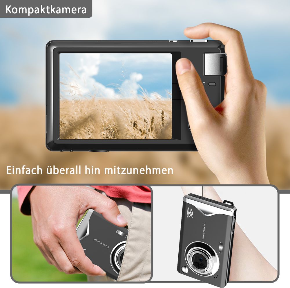 Digitalkamera, 4K HD 1080P 48MP Fotokamera Kompaktkamera, Mini Digitalkamera mit 32GB SD-Kart, LCD-Bildschirm,16X Digitalzoom für Anfänger (Schwarz)