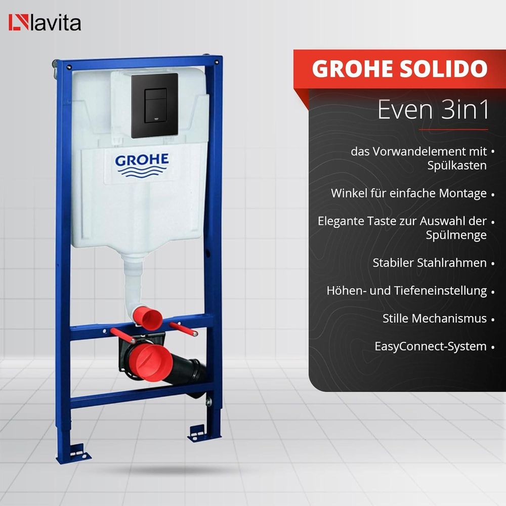 GROHE Vorwandelement Solido + Wand Hänge WC Praia Schwarz Spülrandlos + WC-Sitz SoftClose | Schwarzer Knopf | Komplettset | Unterputz Spülkasten | Toilette Komplett Sett