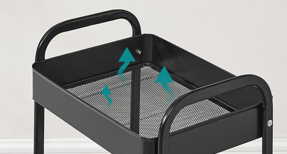 SONGMICS Rollwagen, Küchenwagen, 3 Metallgitterablagen, Servierwagen, 2 abnehmbare Hängebehälter, 2 Organizer, tintenschwarz