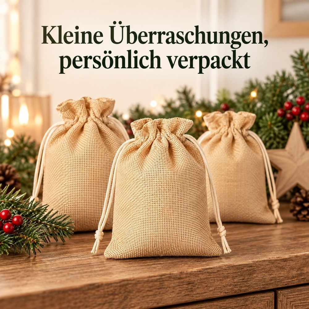 Naturbeige Säckchen in einer weihnachtlichen Wohnumgebung