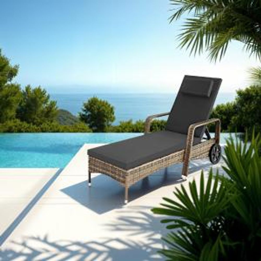 tectake Rattan Sonnenliege mit Rollen - Hochwertiges Rattan, 6-fach verstellbar, 200x70x33 cm - Pflegeleicht, Gummierte Räder