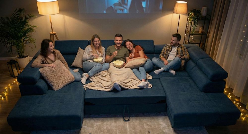Große U-Form Wohnlandschaft mit XXL-Liegefläche beim gemütlichen Heimkino-Abend mit Freunden.