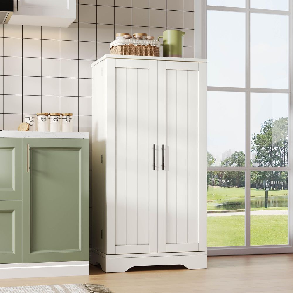 Flieks Küche Hochschrank mit LED, 2-türiger Schrank mit verstellbaren Regalböden & Türablagen, Küchenschrank für Küche, 60x40x120 cm, weiß