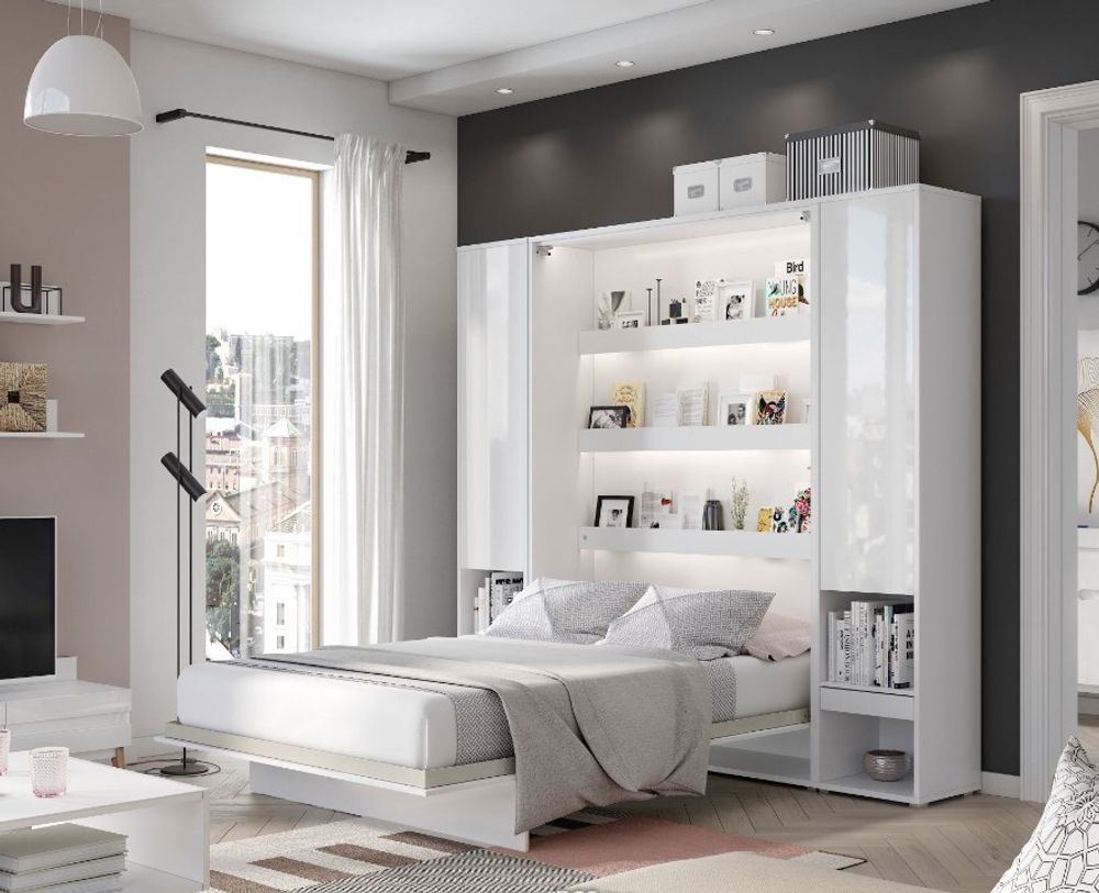 Wandklappbett Bed Concept 90x200 Schrankbett Vertikal Wandbett Gästebett Weiß Hochglanz