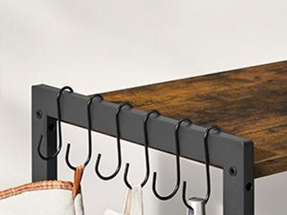 VASAGLE Küchenregal mit Steckdosen, 2 Metallkörben, 6 Haken, 35 x 80 x 93,5 cm, braun