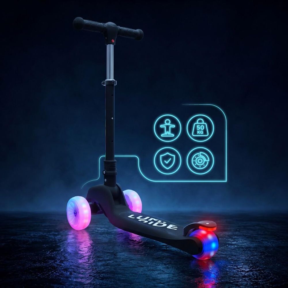 Kinderroller mit LED-Rädern, Symbolen für Belastbarkeit und Sicherheit