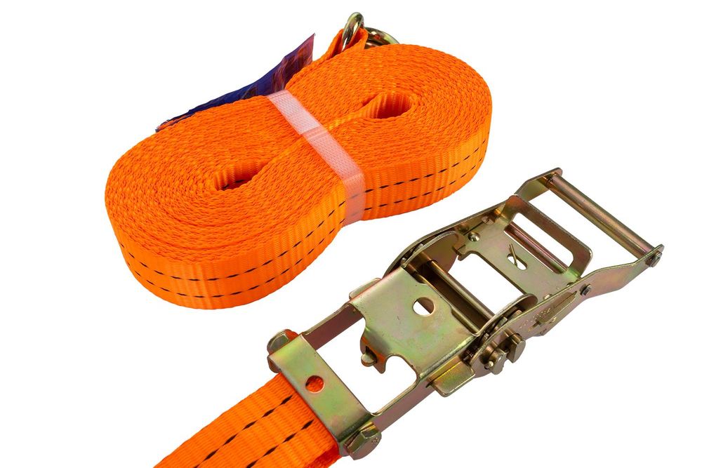 UNITRAILER upínací popruh s ráčnou, 10 m, 35 mm, nosnost 2 t, oranžový, pro zajištění nákladu na přívěsech a nákladních vozech, dvoudílný