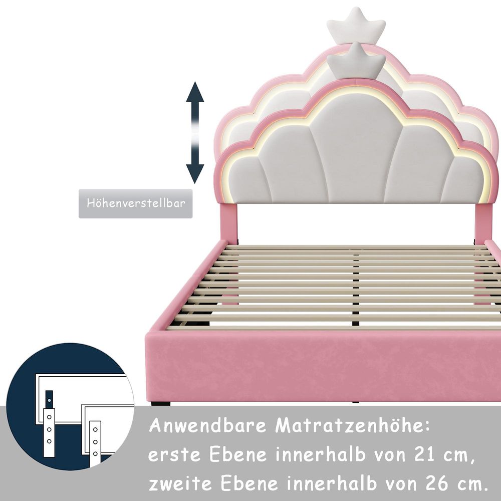 INONEFT Kinderbett 140x200 cm, Prinzessin-Polsterbett mit LED Beleuchtung, Mädchen Jugendbett mit verstellbarem Kopfteil, Kronen-Design, Samt Rosa