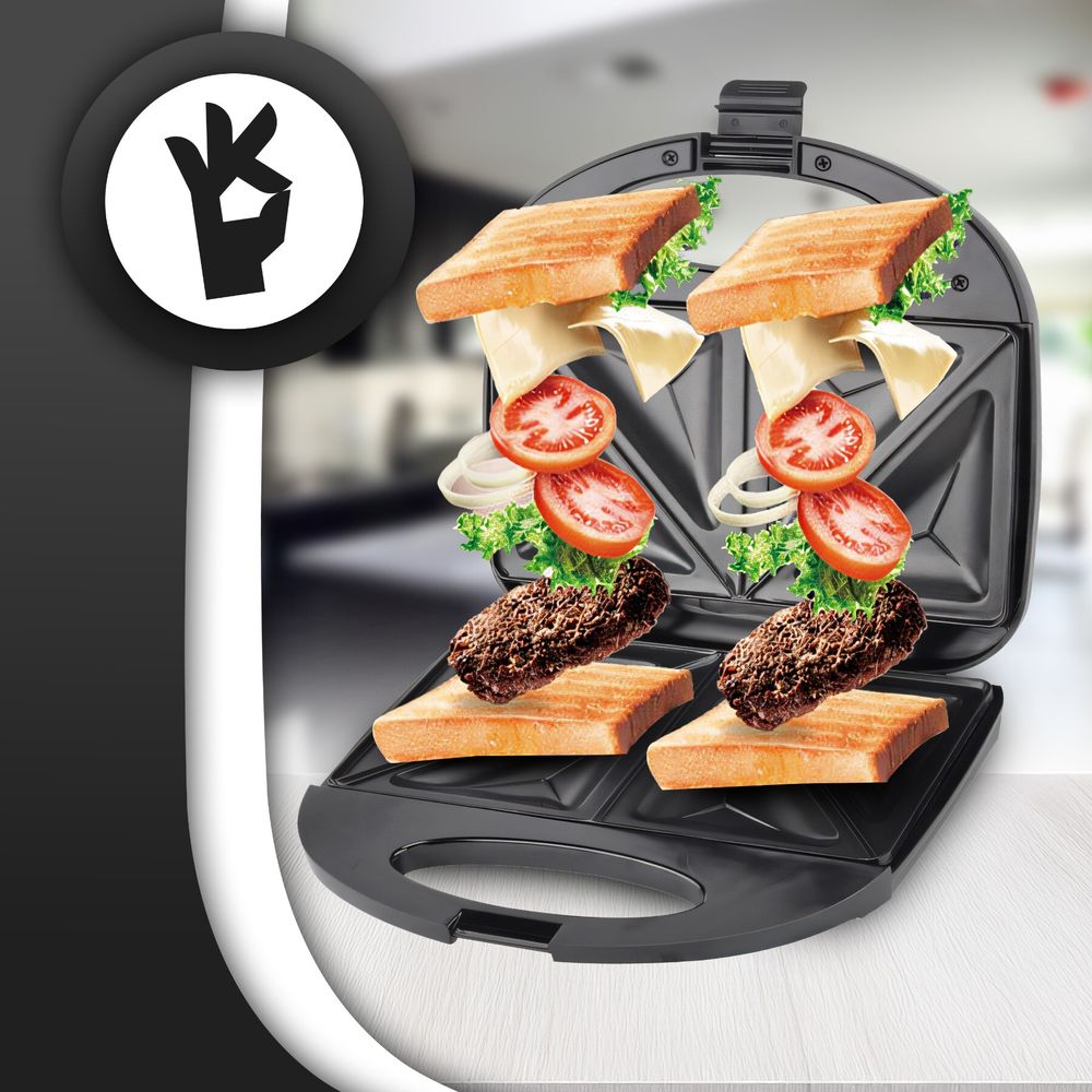 Sandwichmaker 750W, Sandwichtoaster für 2 Toasts, Antihaftbeschichtung, für Sandwich, Panini, Waffeln & mehr, abnehmbare Platten Schwarz Retoo