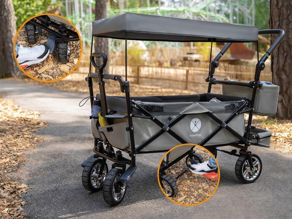 Miweba Bollerwagen MB-20 faltbar | Transportwagen mit Dach - Handwagen - Transportkarre - Hartgummireifen - mit Anschnall-Gurt - bis 100 kg (Grau)