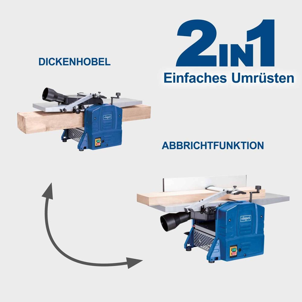 Das Bild zeigt das einfache Umrüsten der Maschine vom Dickenhobel zu der Abrichtfunktion.
