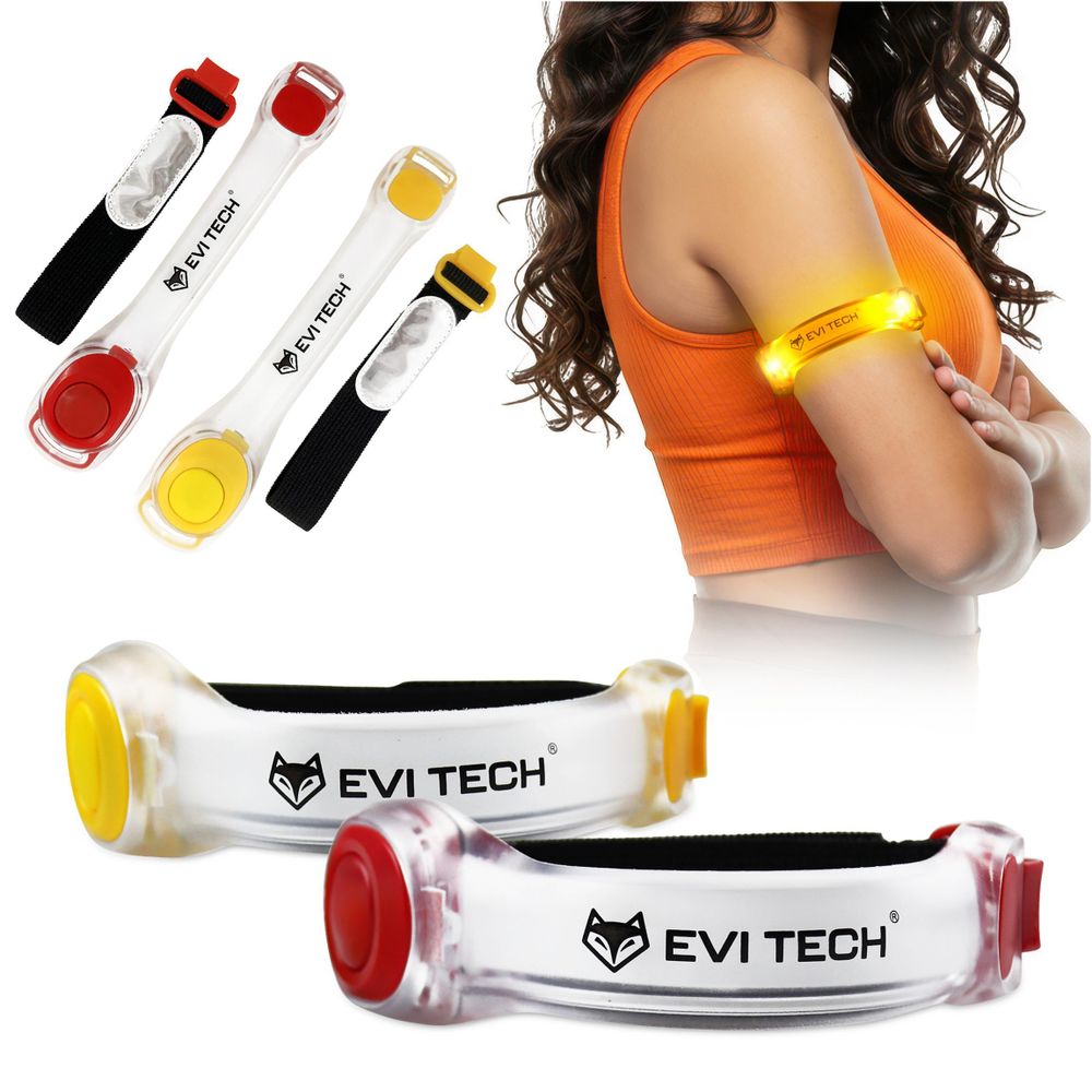 LED Leuchtarmband 2er Set (Gelb & Rot), Wasserdichtes Reflektorband für Laufen & Fahrrad, Sicherheitslicht mit Batterien, EVI TECH ActiveGlow