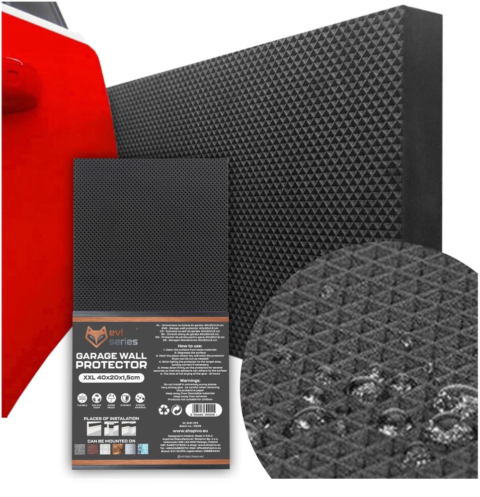 Garagen-Wandschutz selbstklebend 40x20x1,5 cm, Türkantenschutz aus EVA-Schaum, Waffelstruktur für Stoßdämpfung, EVI GARAGE, Schwarz