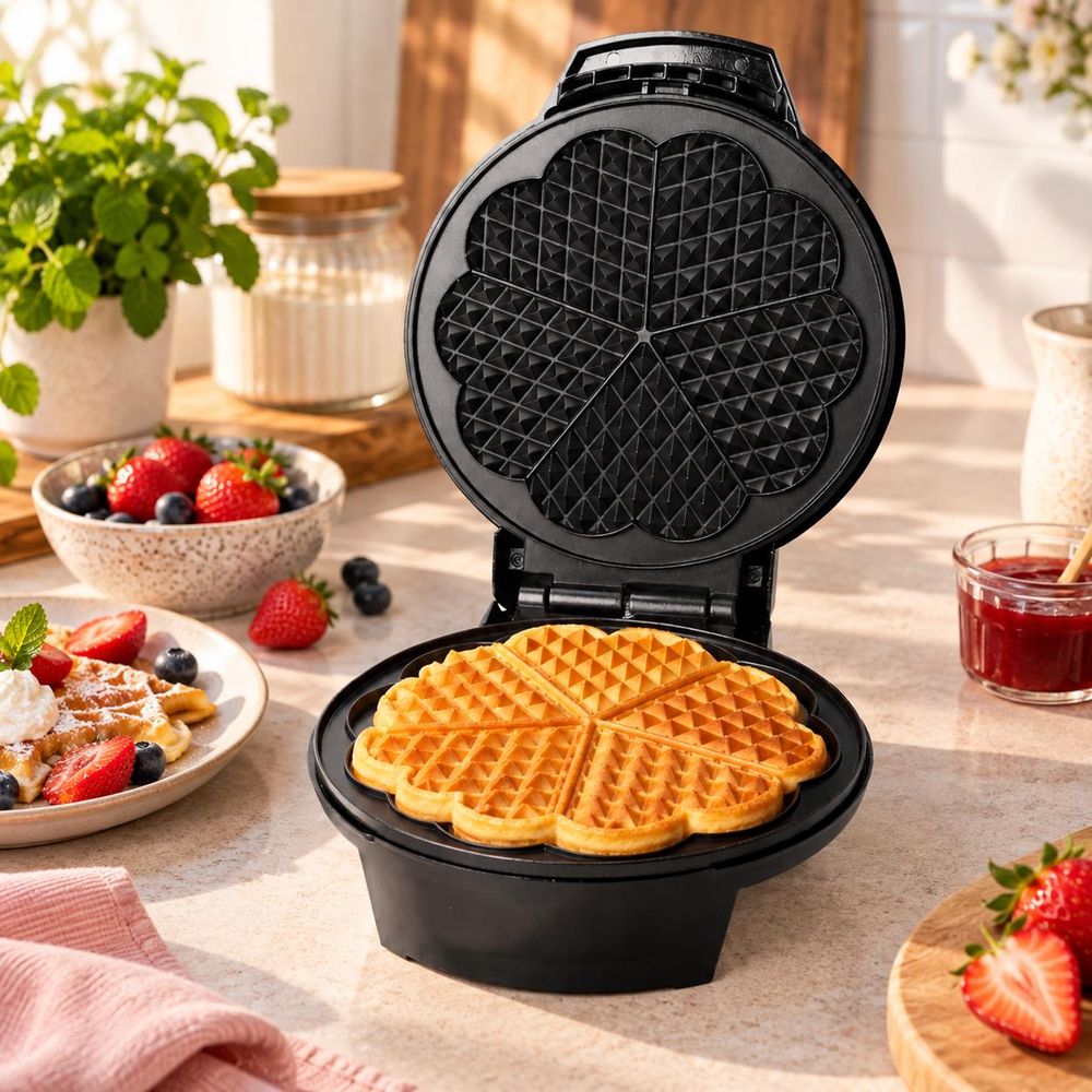 Schwarzes Waffeleisen mit goldbrauner Herzwaffel in gemütlicher Frühstücksküche.