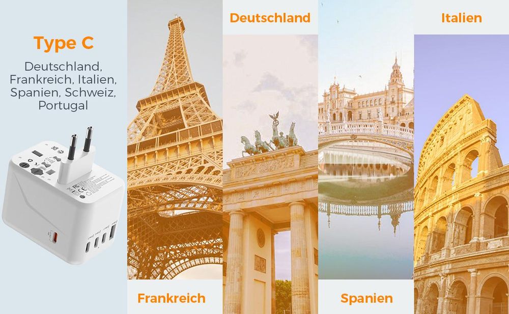 65W Reiseadapter Weltweit Universal Reisestecker mit 1 USB A 4 USB C Internationaler Steckdosenadapter für Deutschland USA England Australien