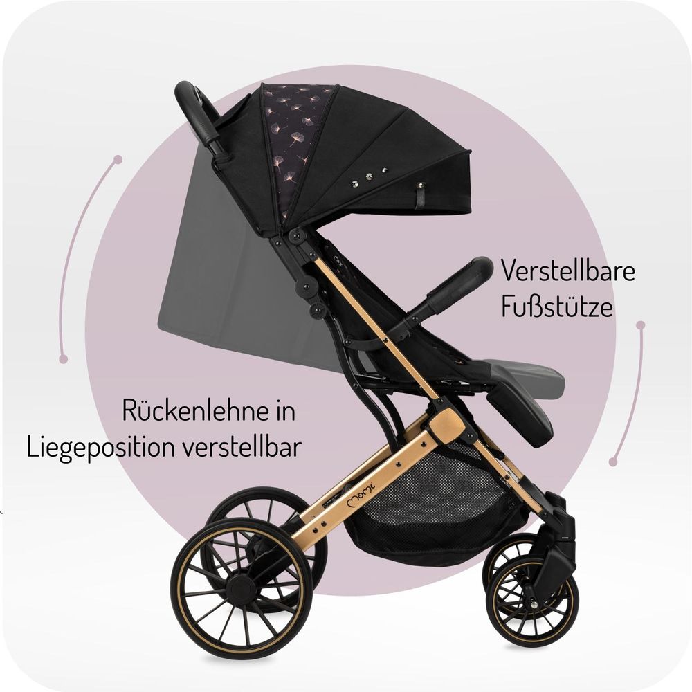 MoMi ESTELLE DAKAR – Ultraleichter Baby Kompaktbuggy mit XL-Rädern, Einhand-Faltung & Trolley-Funktion, inkl. Zubehör, ideal für Reisen – Schwarz/Gold
