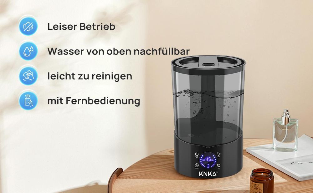 KNKA Luftbefeuchter Schlafzimmer, 4L Top-Fill Humidifier bis zu 30H, BPA-Frei, 30dB Leise Klein Raumluftbefeuchter für Kinderzimmer, Pflanzen, Schwarz