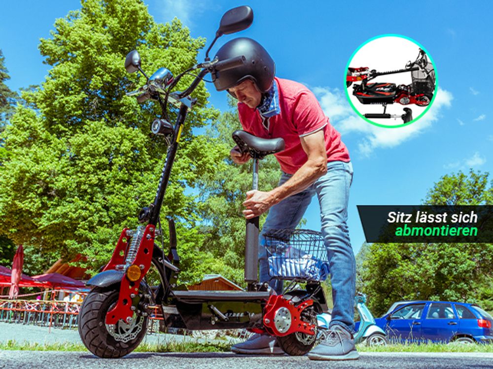 eFlux E-Scooter Street 40 Pro | Scooter Klappbar - Elektro Roller - Mit Sitz und Gepäckkorb - E-Roller - Straßenzulassung (Rot Schwarz)