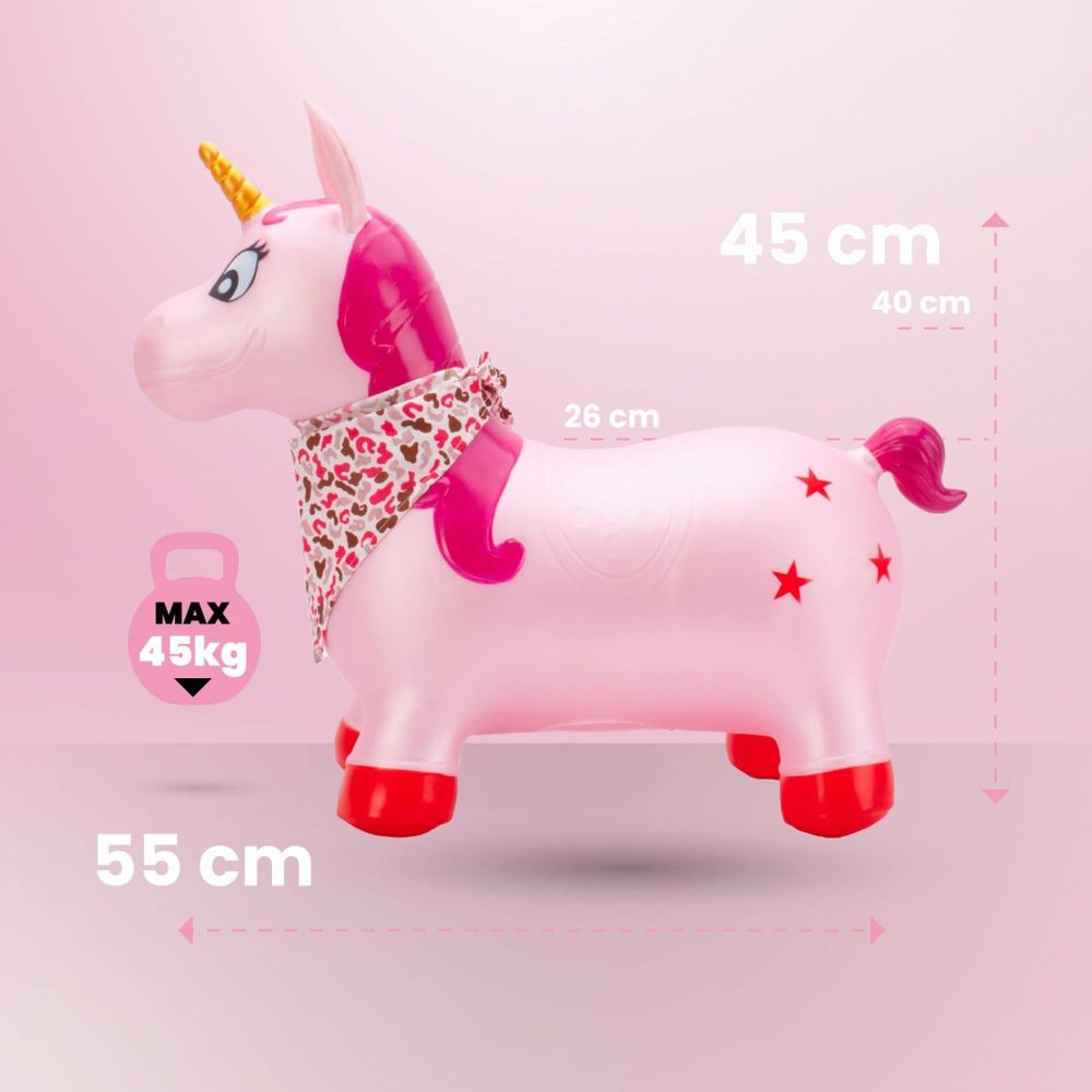 Seitenansicht des Einhorn-Hüpftiers mit Maßangaben und Belastungsgrenze.
