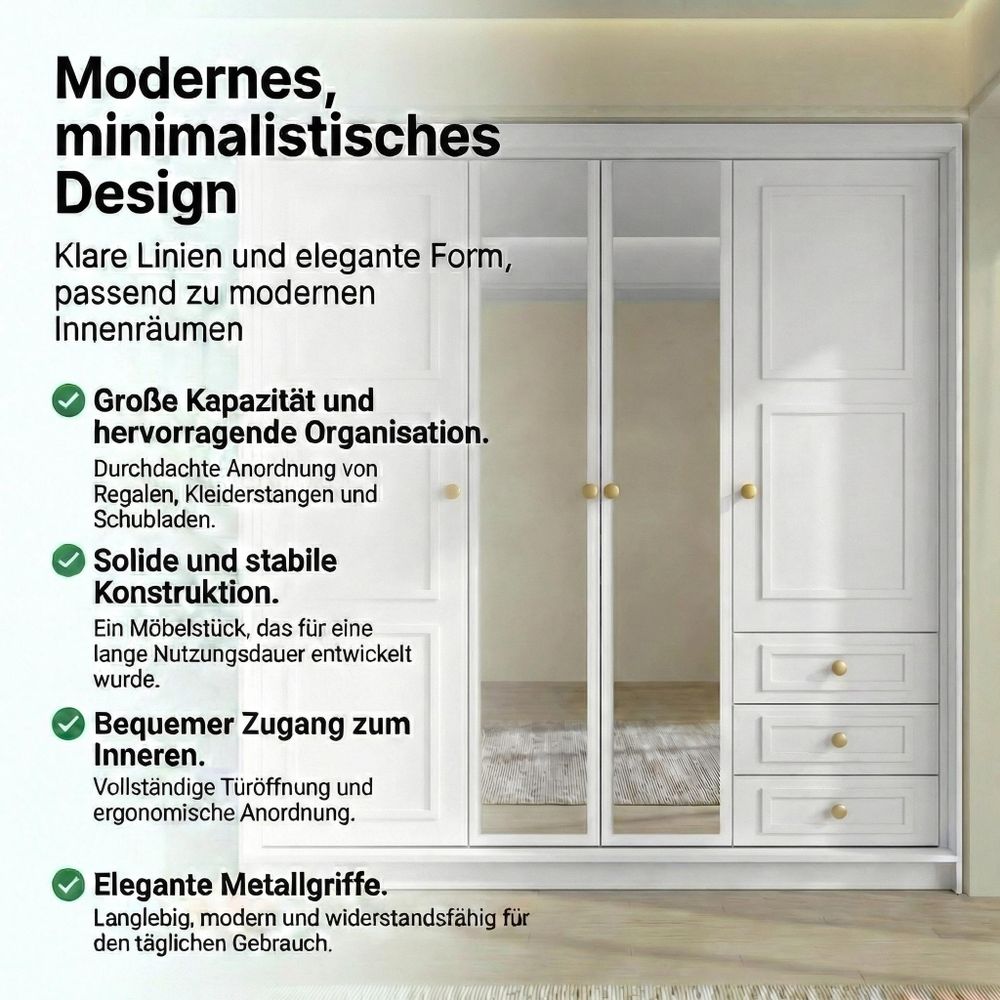 Geräumiger viertüriger Kleiderschrank OSLO mit Schubladen und Metallgriffen – modernes Design Farbe: Weiß