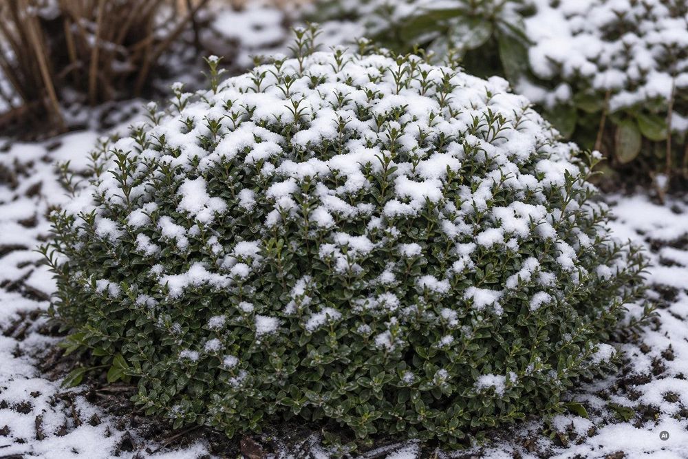 Geschnittene Ilex-Kugel mit leichtem Schneehäubchen, sattgrün unter dem Schnee.