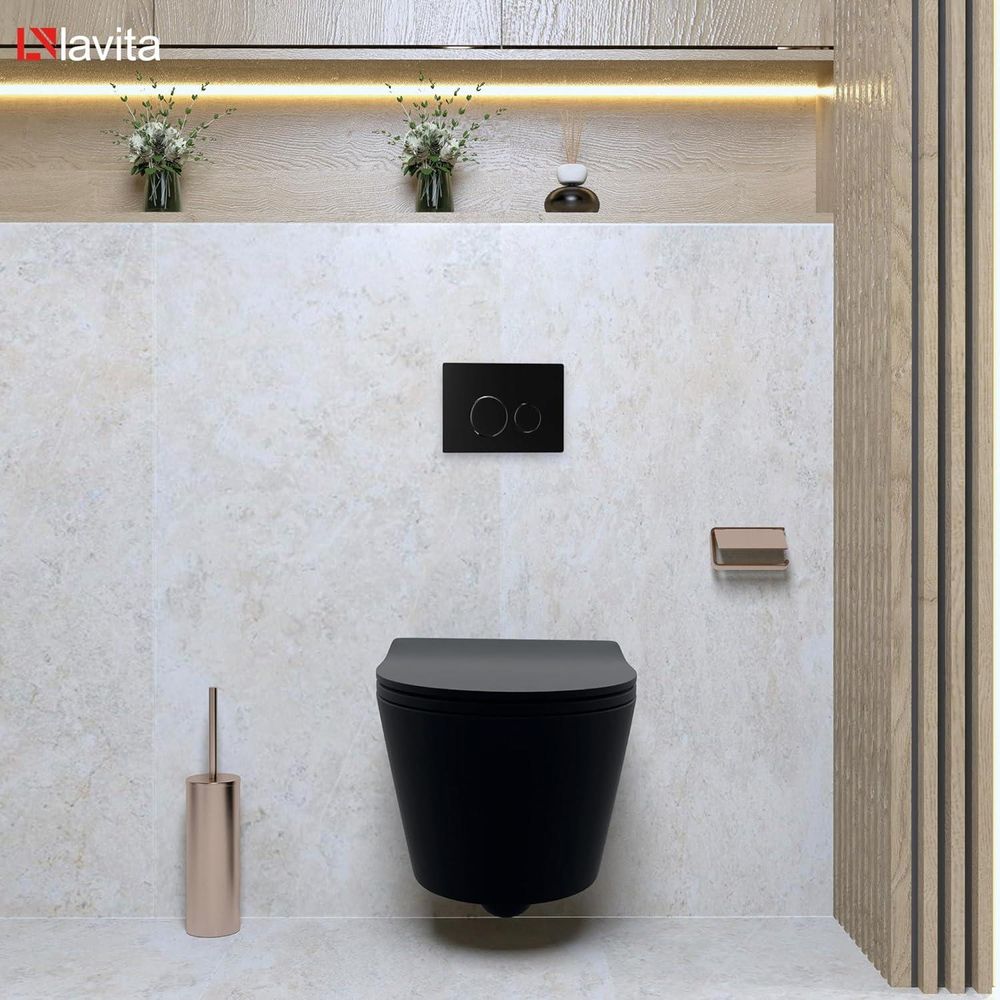 Lavita LAV 101 Vorwandelement für WC 40cm + Wand Hänge Tiefspül WC PRAIA Schwarz Spülrandlos + Bedienplatte LAV 200.4.4 Schwarz | Komplettset | Unterputz Spülkasten | Toilette Komplett Sett