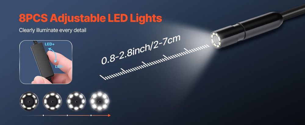 VEVOR Endoskopkamera mit Licht, 1920P HD-Endoskop für Android & iOS, Inspektionskamera mit 8 LED-Leuchten & 3 m langem Kabel, 2-facher Zoom