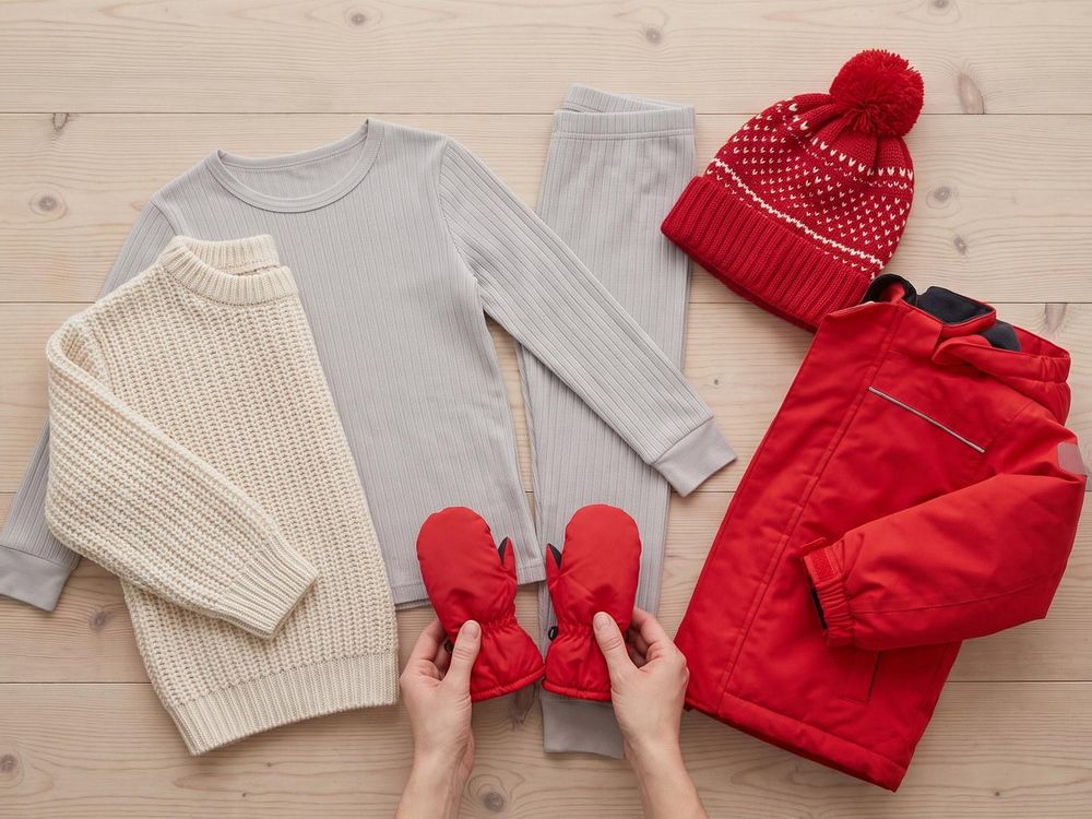 Thermoset, Strickpullover, Schneejacke, Mütze und Handschuhe als Lagen nach dem Zwiebelprinzip
