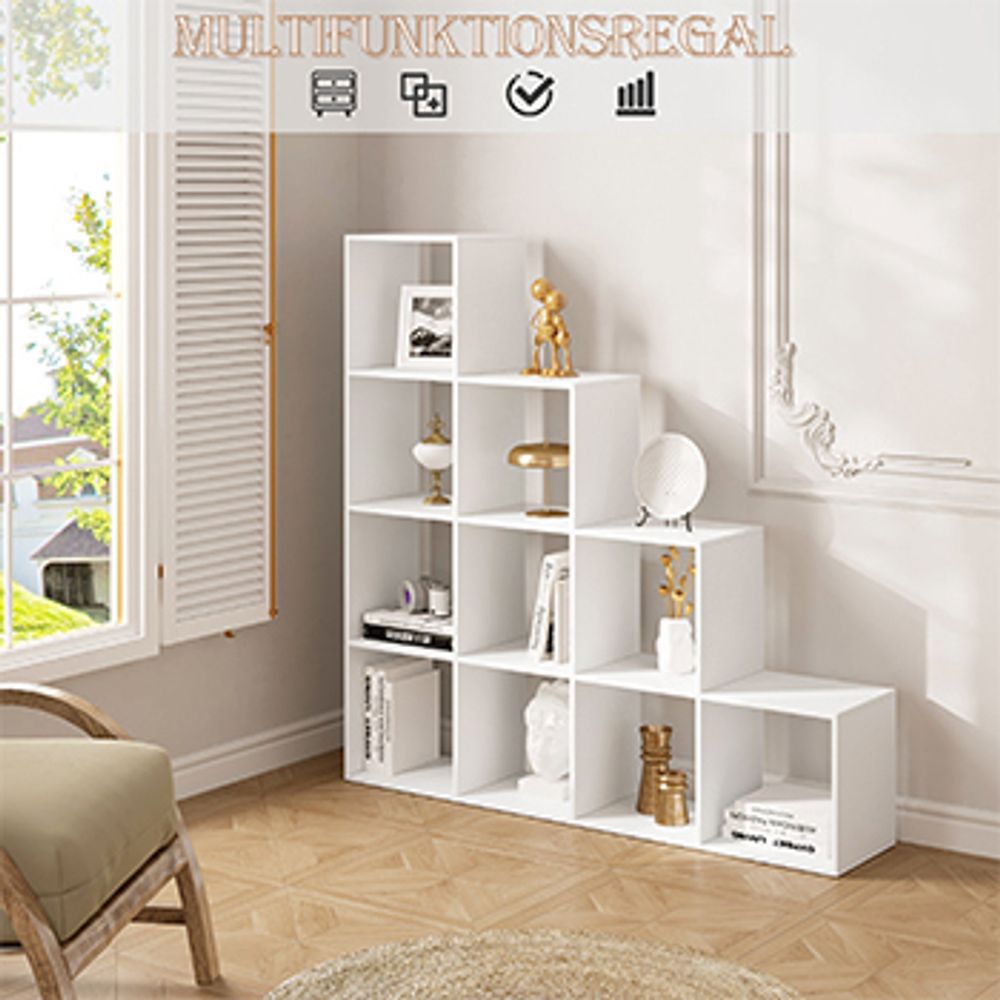 WOLTU Bücherregal mit 10 Fächern, Holzwerkstoff, Würfelregal Stufenregal, Weiß