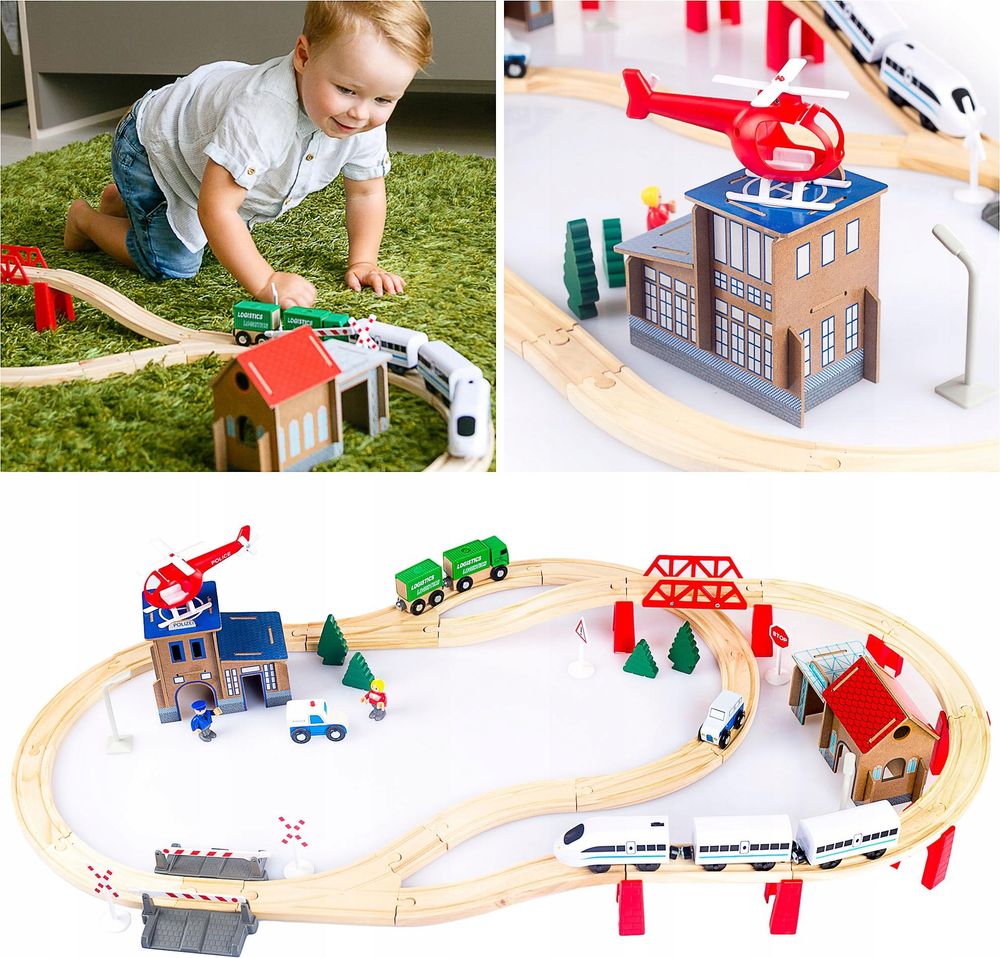 Kinder spielen mit Holzbahn