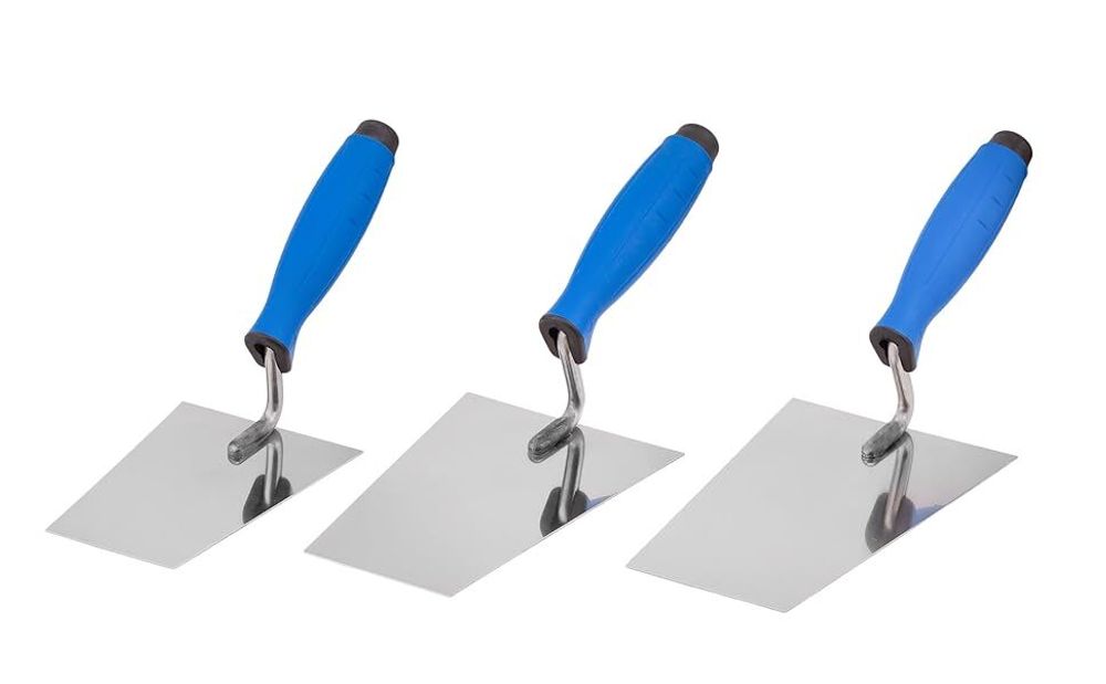 Mivos Edelstahl Trapezkellen-Set 3-teilig 140 mm 160 mm 180 mm – Rostfreie Maurerkellen in Trapezform - Stukkateurkellen mit Gummigriff, Glättekellen