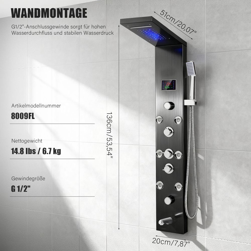 OYAJIA Duschsystem 6209 mit LED Regendusche, 5 Wasserfunktionen, digitale Temperaturanzeige, Wandmontage, Schwarz gebürstet mit Handbrause & Massagedü