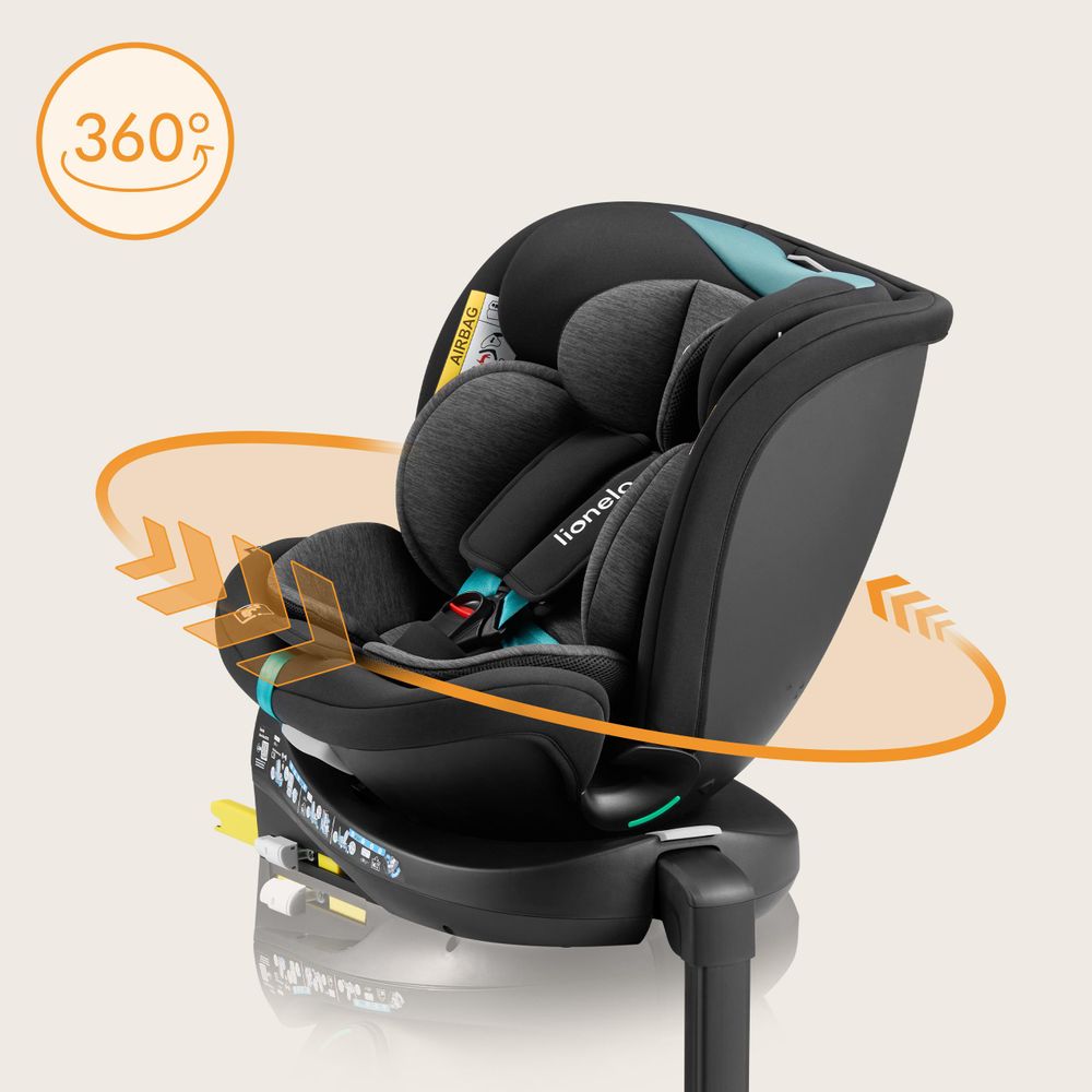 Lionelo Kindersitz Navy i-Size 360° EasyTurn-Drehbasis, 40-150 cm, Montage mit ISOFIX und einem Stützfuß, R129-Norm - Schwarz Turquoise
