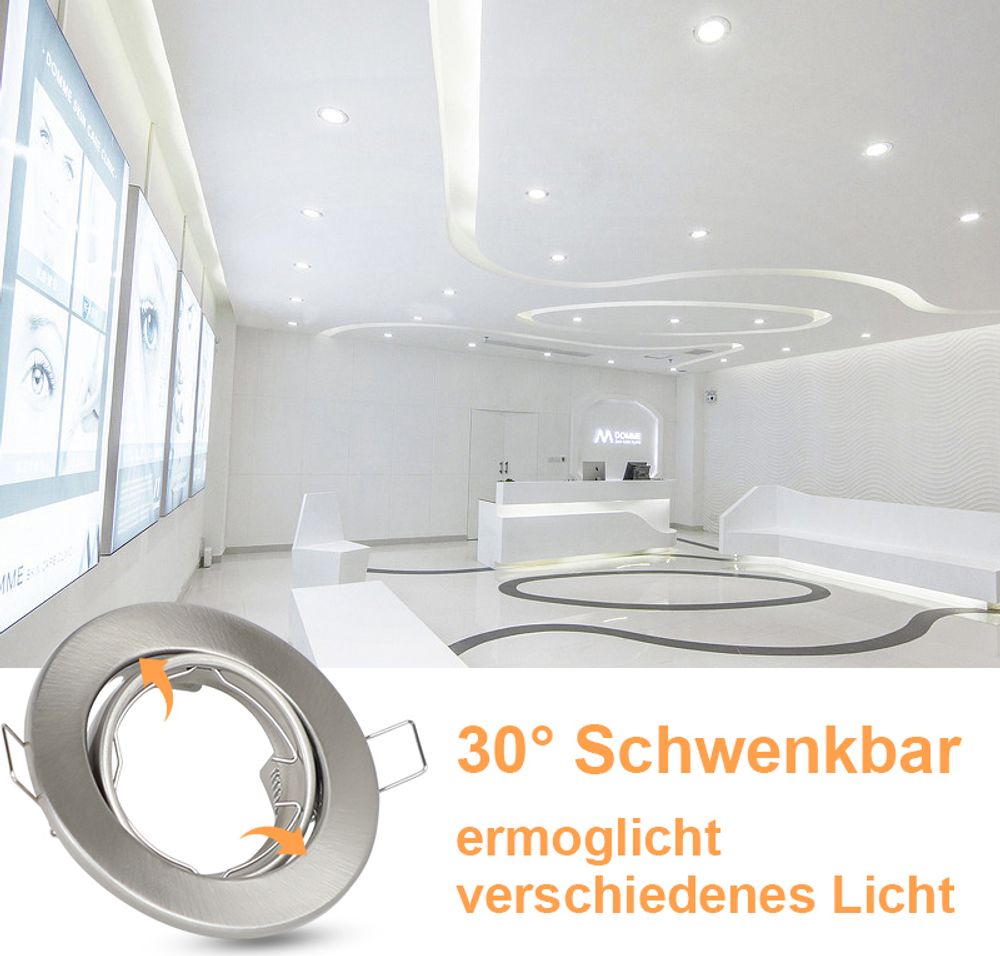 ZMH 12er set Einbaustrahler GU10 Fassungen Lochdurchmesser 50mm mit Sockel in Edelstahl Einbauleuchte Rahmen Einbauspots Schwenkbar 30° Spot für LED Leuchtmittel Halogen