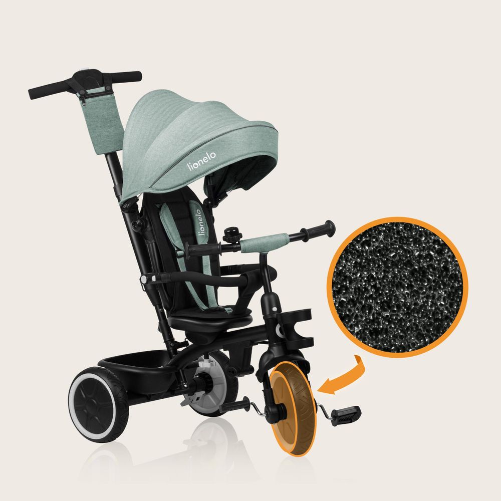 Multifunktionales Dreirad und Kinderwagen Lionelo Berry von 9 Monaten bis 5 Jahren bis zu 25 kg Große PolyurethanRäder, Dreirad-Drehsitz 360° Grün