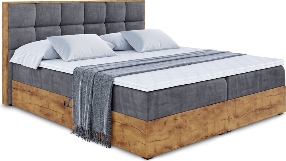 ALTDECOR Boxspringbett LOLLI2 mit Multipocket-Matratze, Kopfteil und Bettkasten mit Eiche Holz   180x200 Dunkelgrau Samt