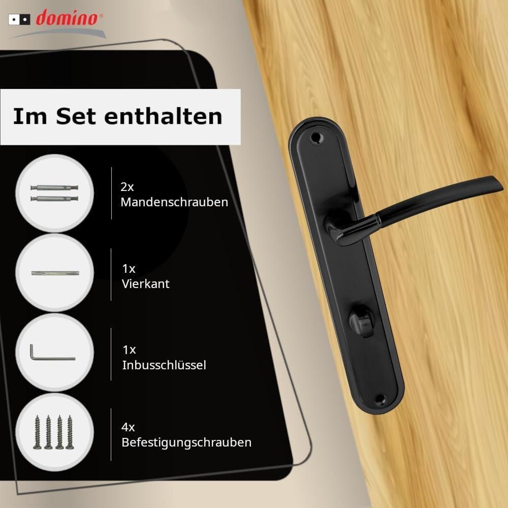 DOMINO Türgriff 78 Drückergarnitur WC - Badezimmer Set | Links & Rechts Türbeschlag für WC/Badezimmertüren | L-Form | Türbeschläge aus Aluminium | Schwarz Türdrückergarnitur | PRESTO BLACK