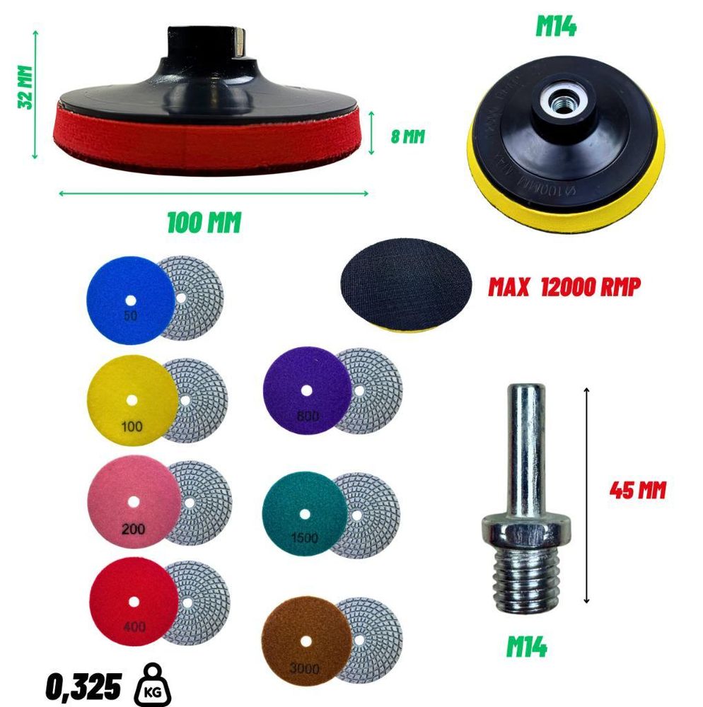 Diamantpolierscheiben 100mm (#50 #100 #200 #400 #800 #1500 #3000), GRES Fliesenschleifset, 8 Stück + e Handschuhe