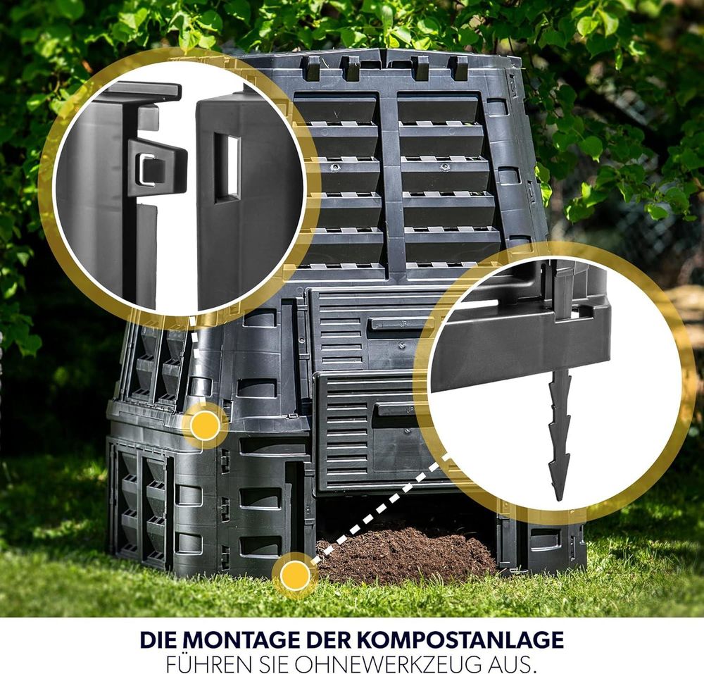 KADAX Komposter aus Kunststoff "Boko", witterungsbeständiger mit Deckel, Schwarz, 740L