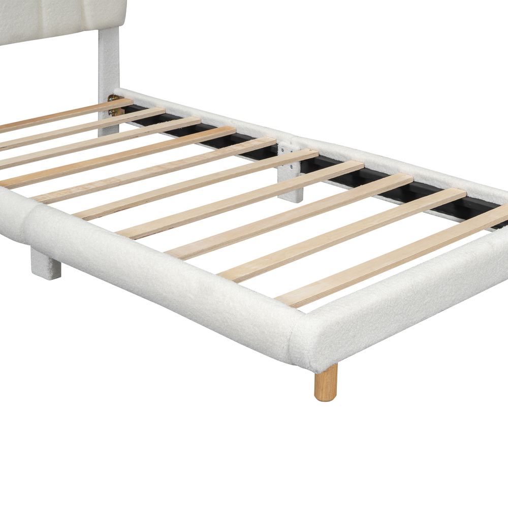MODFU Polsterbett Kinderbett 90 x 200 mit halbkreisförmige Kopfteil,Flachbett,Jugendbett mit Lattenrost,Klassische Bett,Plush,Weiß(ohne Matratze)