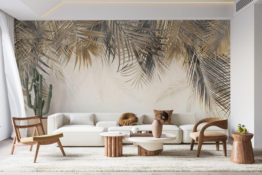 Selbstklebende Fototapete Goldene Palmenblätter in Zarter Aquarelloptik Subtiles Tropisches Glamour Motiv auf Hellem Hintergrund 200x140 cm