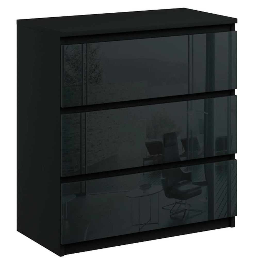 Schwarze Kommode Bella 3 mit drei glänzenden, grifflosen Schubladen