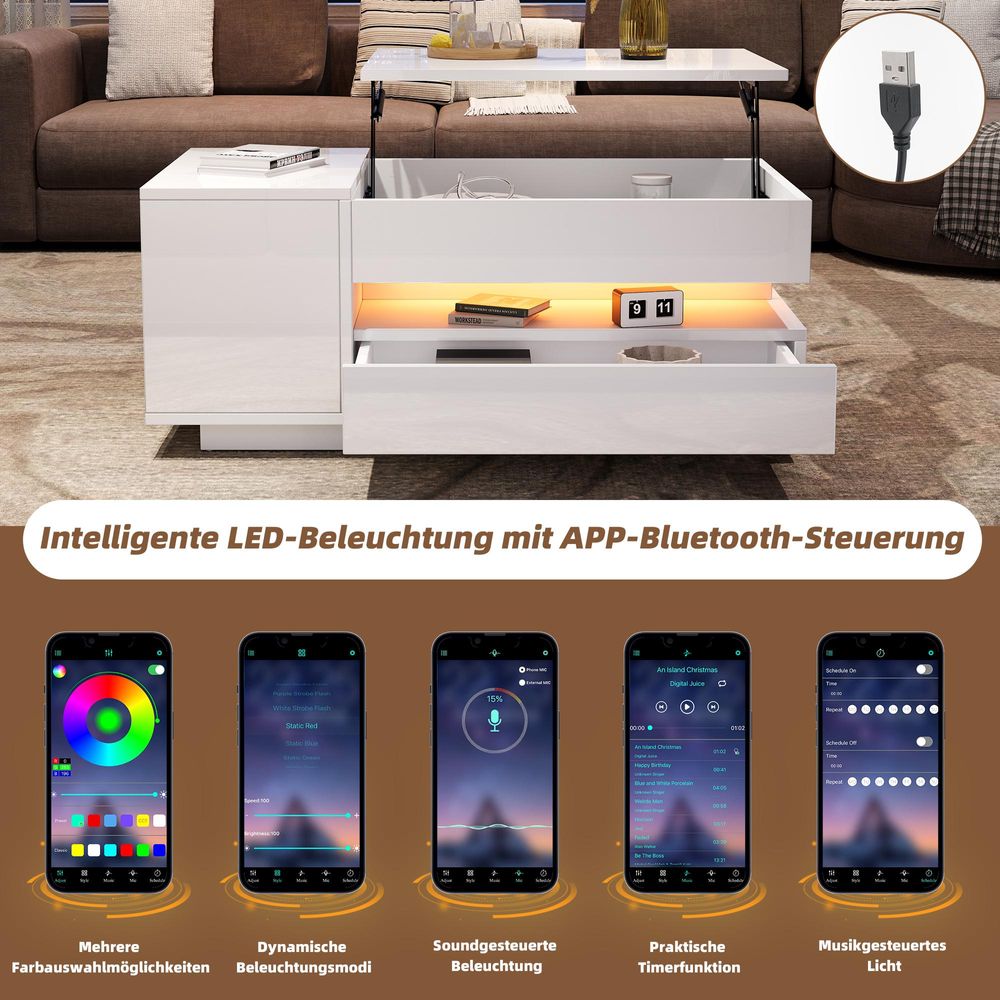 STILVORA Couchtisch mit Hebefunktion und LED, Wohnzimmertisch mit Schublade und Schrank, Beistelltisch mit verstecktem und halboffenem Stauraum, Weiß