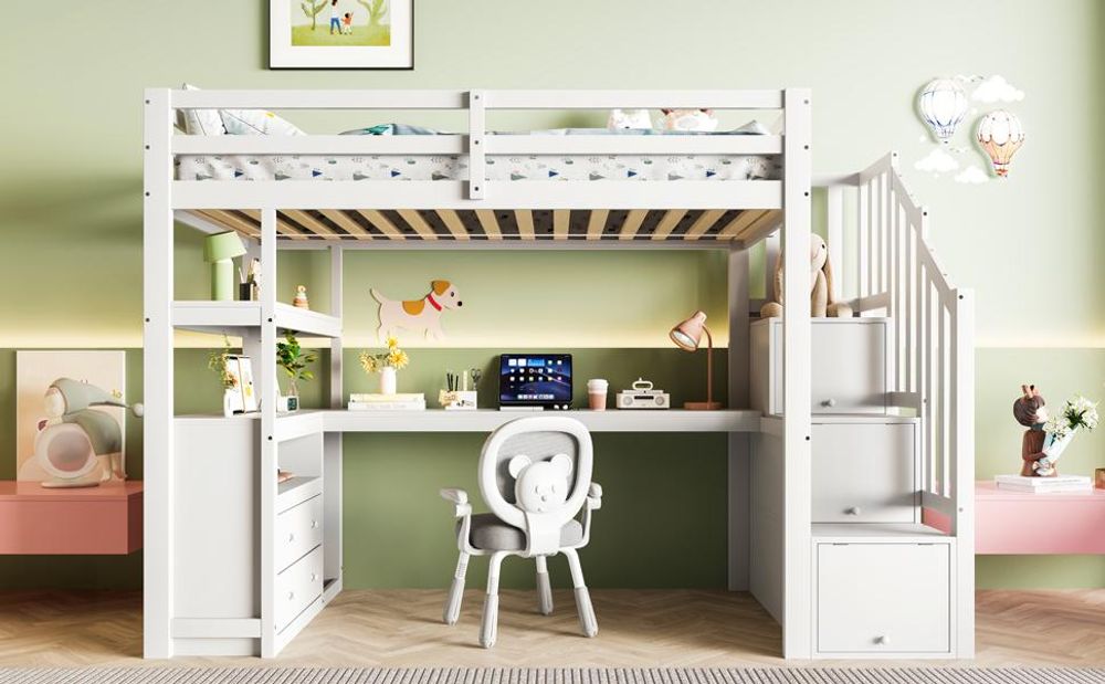Merax Etagenbett Hochbett 90x200cm, mit Schreibtisch, Stauraumleiter, 2 Schubladen, Regale, Kinderbett, Kiefernholz, Jugendbett, Massivholzbett, Weiß