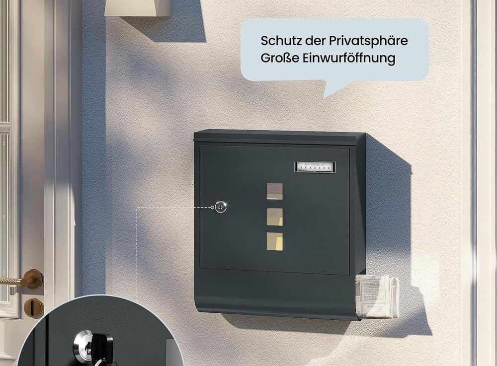 WOLTU Briefkasten, Postkasten mit Zeitungsfach Namensschild, 30,5x33,5x10 cm, Anthrazit