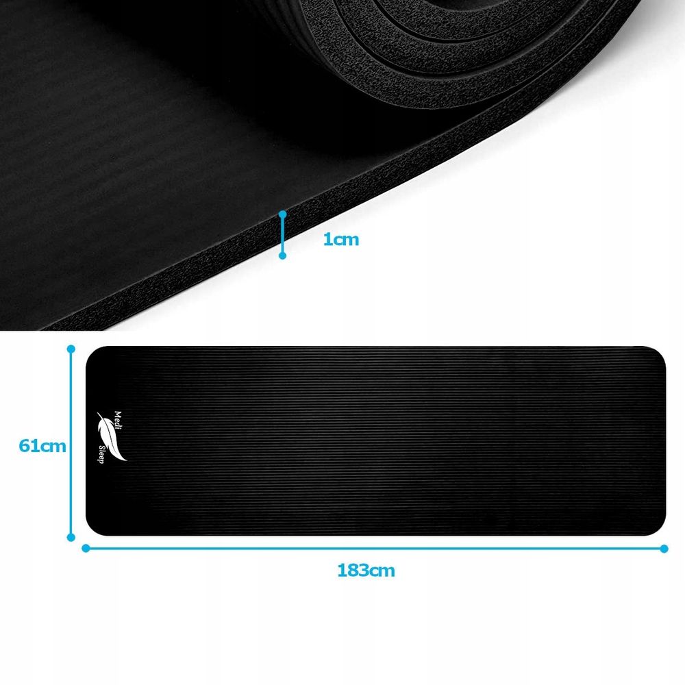 Fitnessmatte mit Tragegurt 183x61 cm Schwarz - Yoga Matte | Gymnastik Matte | Turnmatte | Pilates Matte - Yogamatte Für Einsteiger & Fortgeschrittene