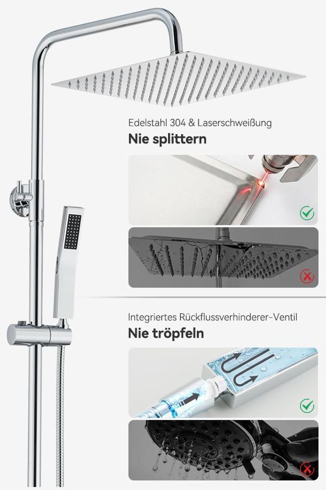 Auralum Regendusche Duschsystem Edelstahl 20x20 cm eckig, Duschset ohne Armatur, Regendusche Chrom, höhenverstellbare Duschstange, mit Wasserteiler