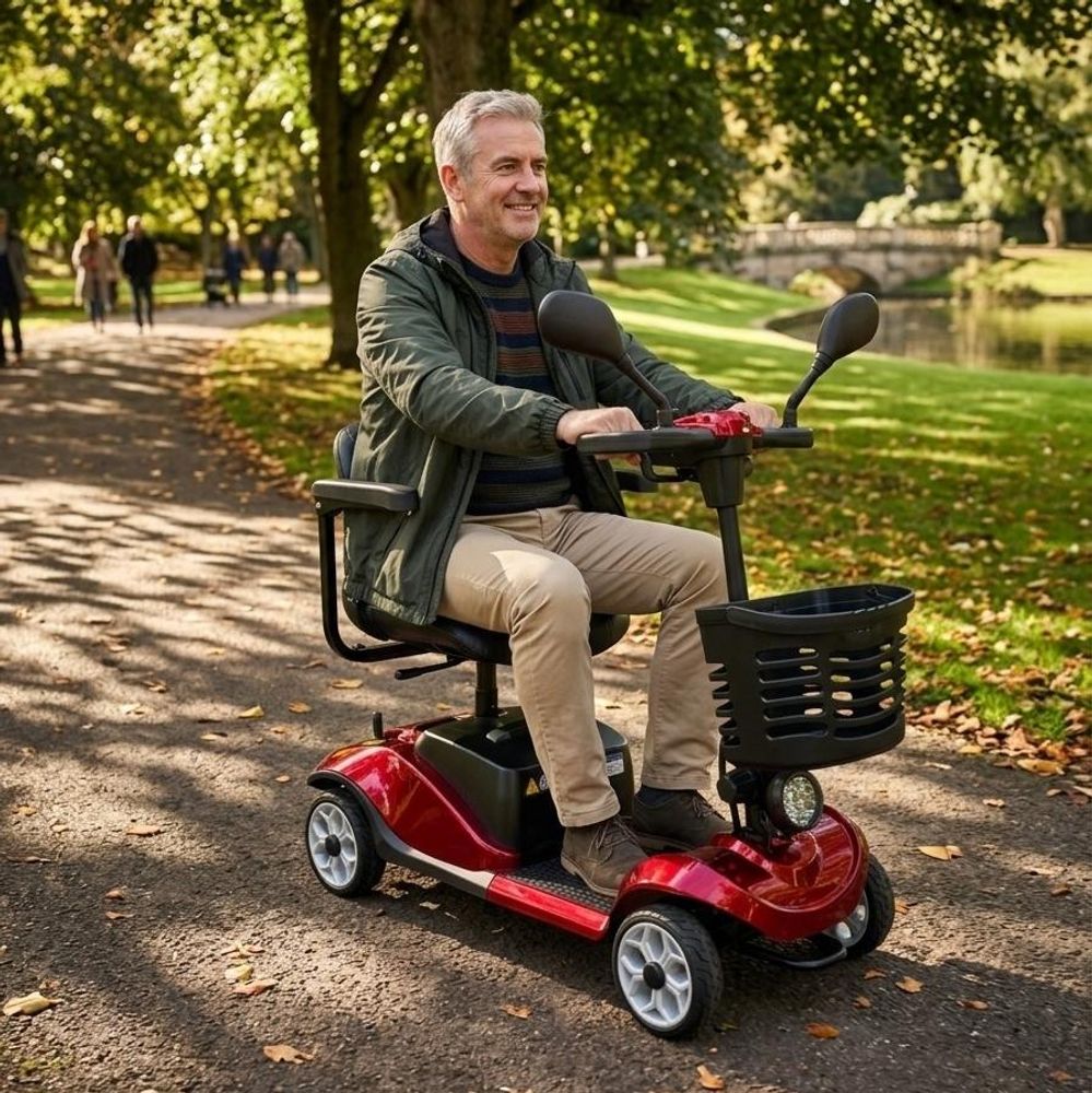Senior fährt mit dem Seniorenmobil durch einen Park